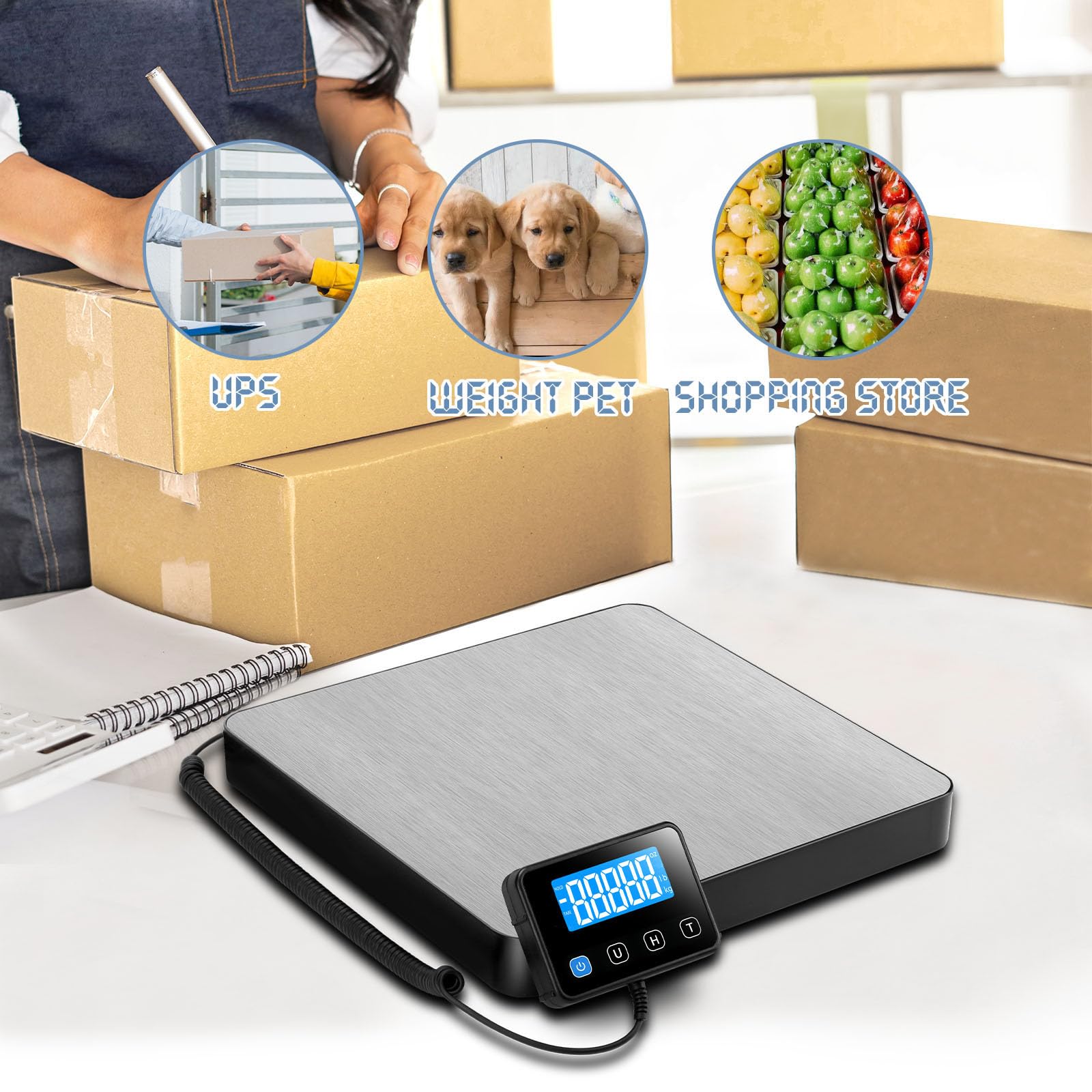 Báscula para Paquetería Digital 200kg/440lb, Balanza Postal Precisión de 10g/0.35oz con Función de Retención y Tara, Balanza para de Envíos para Oficina, Paquetería, Pequeña Empresa