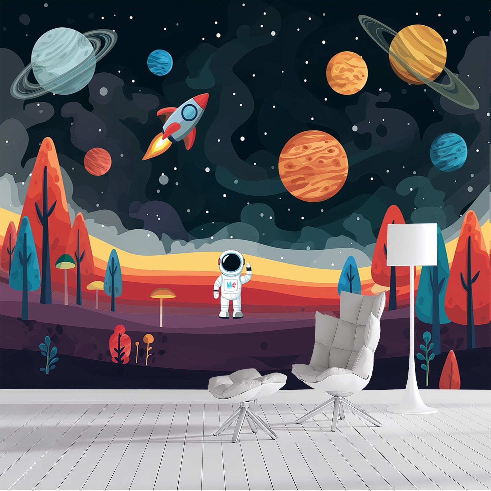 Papier peint panoramique fusée pour chambre enfant et décoration mur de fond TV moderne
