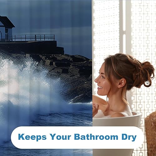 Miniatura 3 de OTRANTO Cortina de ducha con diseño de océano azul, faro, náutico, costero, escénico, naturaleza, rock, blanco, juego de decoración de baño, lavable