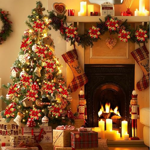 Miniatura 4 de CH HAICHENG 15 flores de Pascua artificiales de Navidad para decoración de árbol de Navidad de 5.5 pulgadas, flores de Pascua artificiales con clips