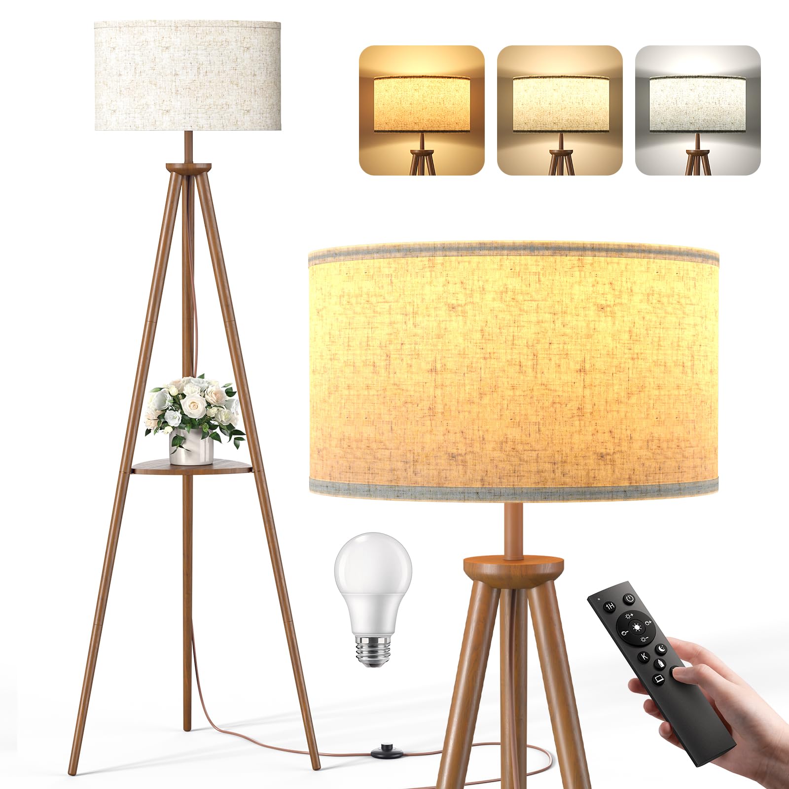 Lámpara de Pie Trípode LED Regulable Con Separadores de Almacenaje - 12W Lampara de Pie Madera con Mando & Bombilla E27, Luz para Leer para Salón, Dormitorio, Marrón Oscuro - Estante Triangular