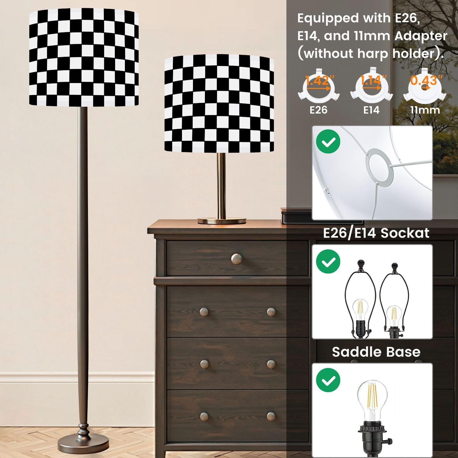 Lamp Shade Black white checkered seamless Endless flag texture Drum Lampshades for Floor Lamps Hanging Lamp Table Lamps 11"x11"x8.9" Replacement Linen Large Lampshade Easy Assembly