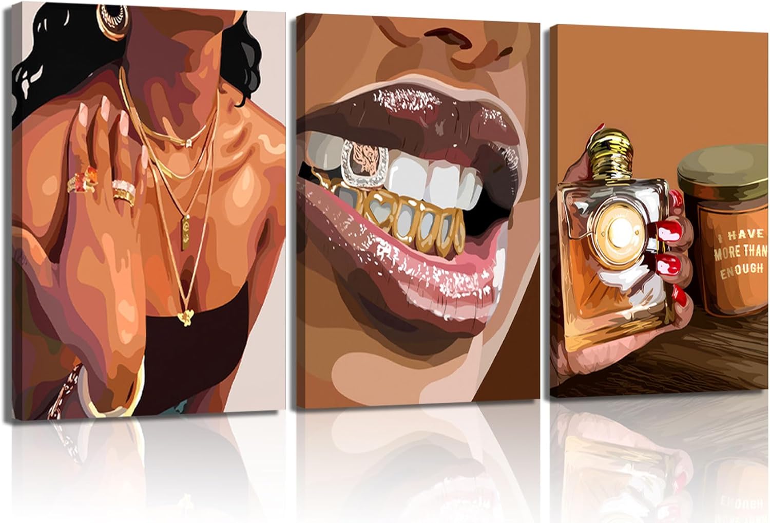 3Pcs Trendy Black Girl Canvas Wall Art Fashion African American Women Pictures Abstract Luxury Female Poster Prints Painting Wall Decor for Living Room Bedroom Bathroom 12x16in Framed