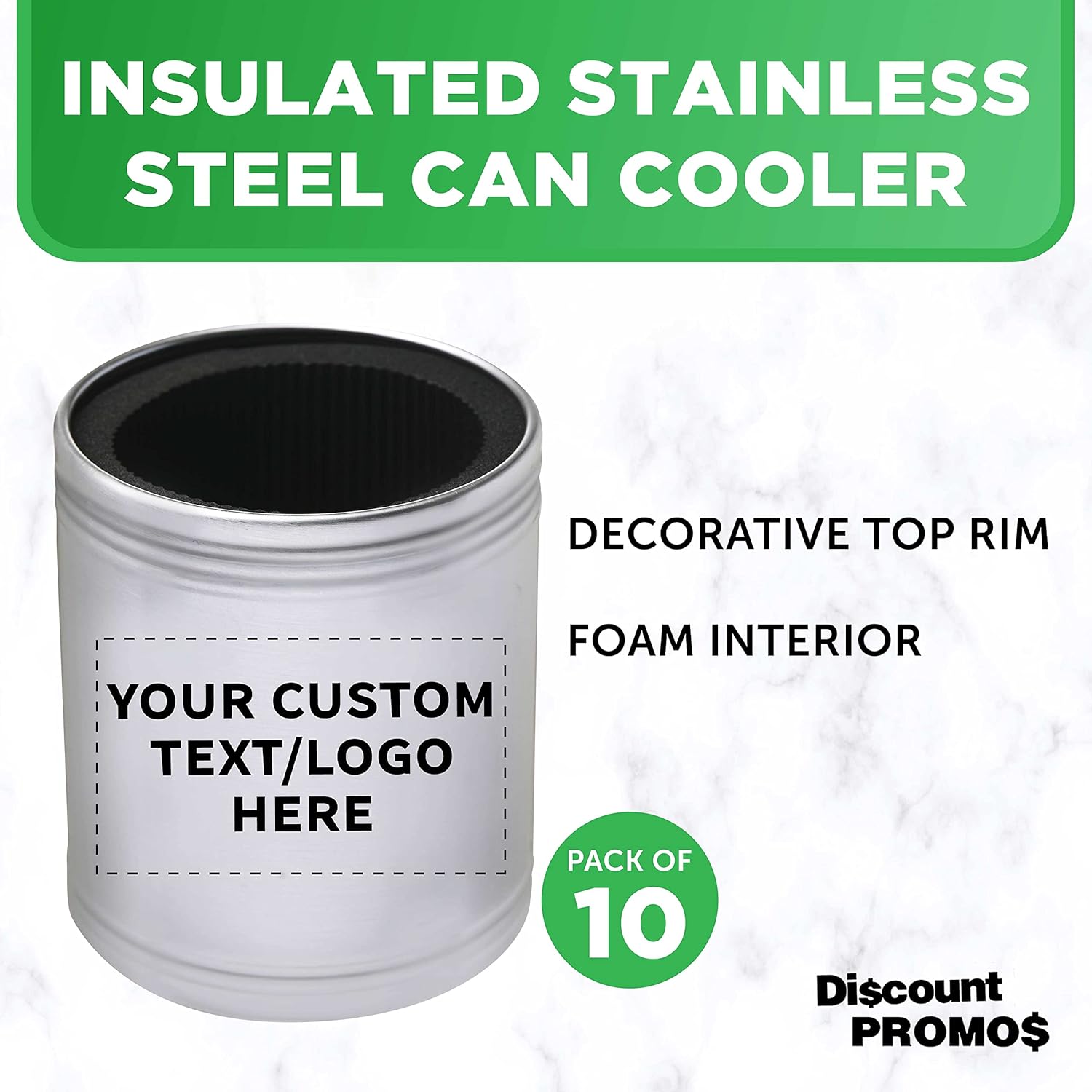 Custom Stainless Steel Can Coolers Set of 10, Personalized Bulk Pack - Great for Beer, Soda, Other Beverages - Silver