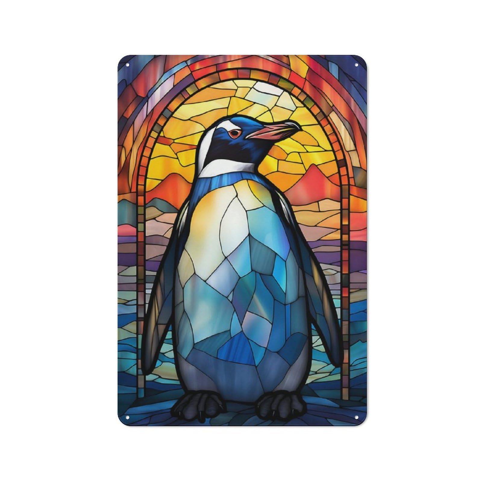 Junmoney Penguin Stained Glass Tin Wall Plaque 30X20cm With For Garage Or Workshop, For An Autumn Wall Display In Garage And Workshop