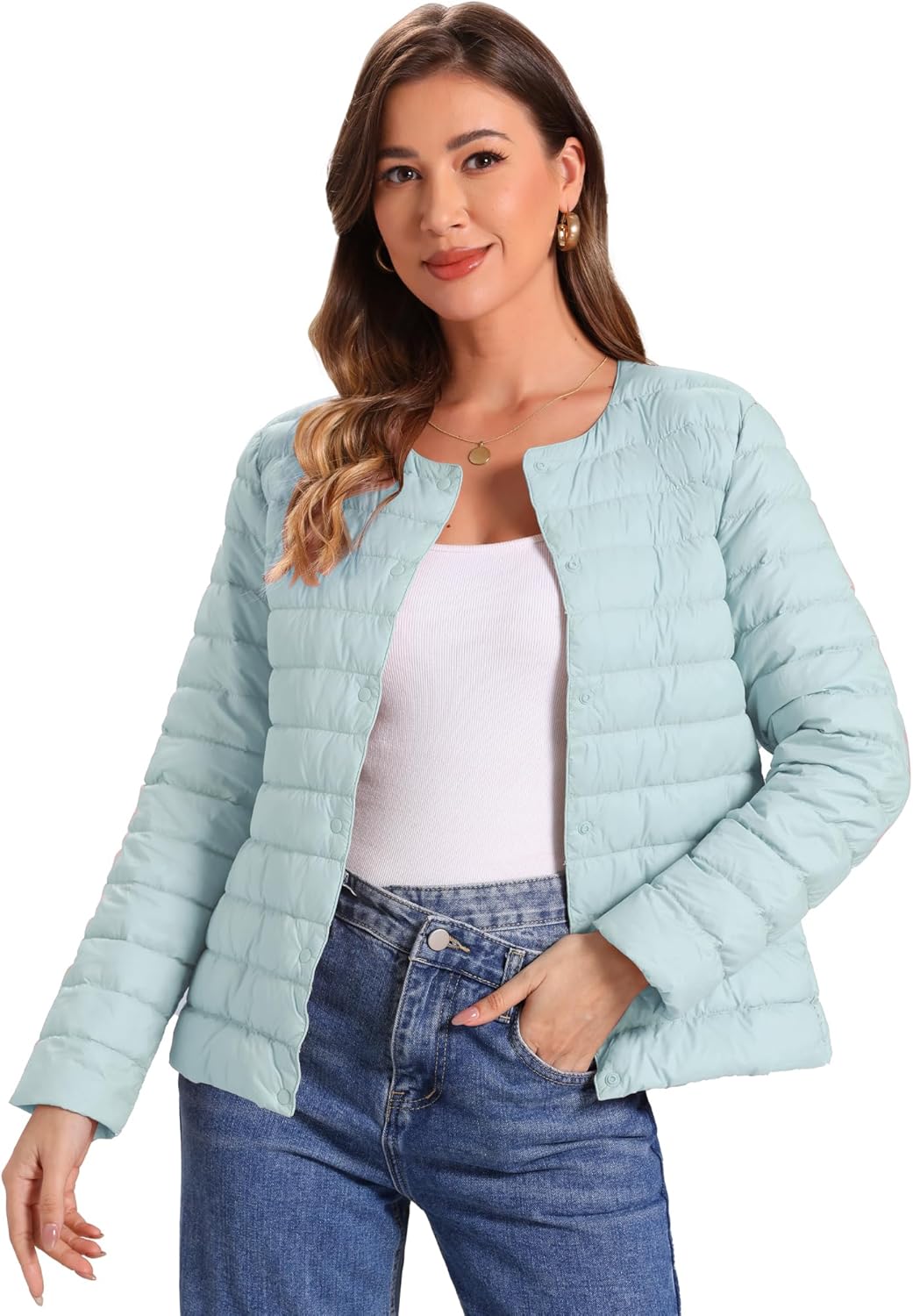 Allegra K Women's Puffer Jacket Lightweight Button Down Packable Long Sleeve Coat