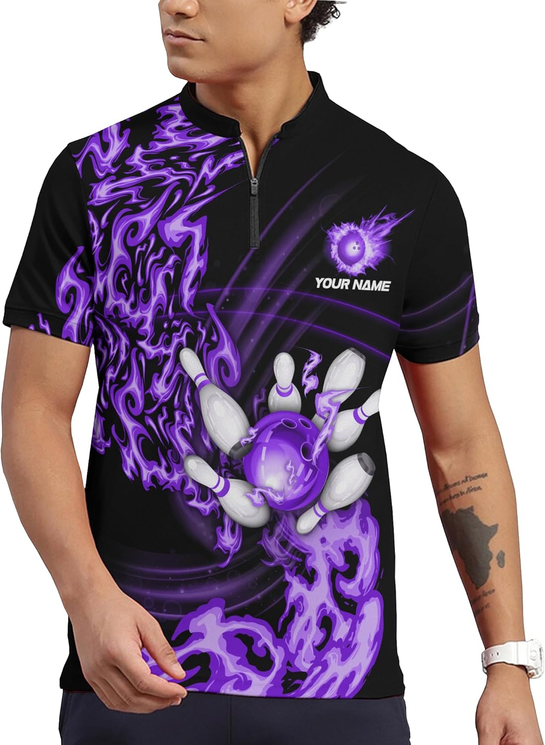 Personalise Bowling Zipper T-Shirt with Custom Name Print Colorful Bowling Ball on Fire 1/4 Zip Jersey for Bowling Team