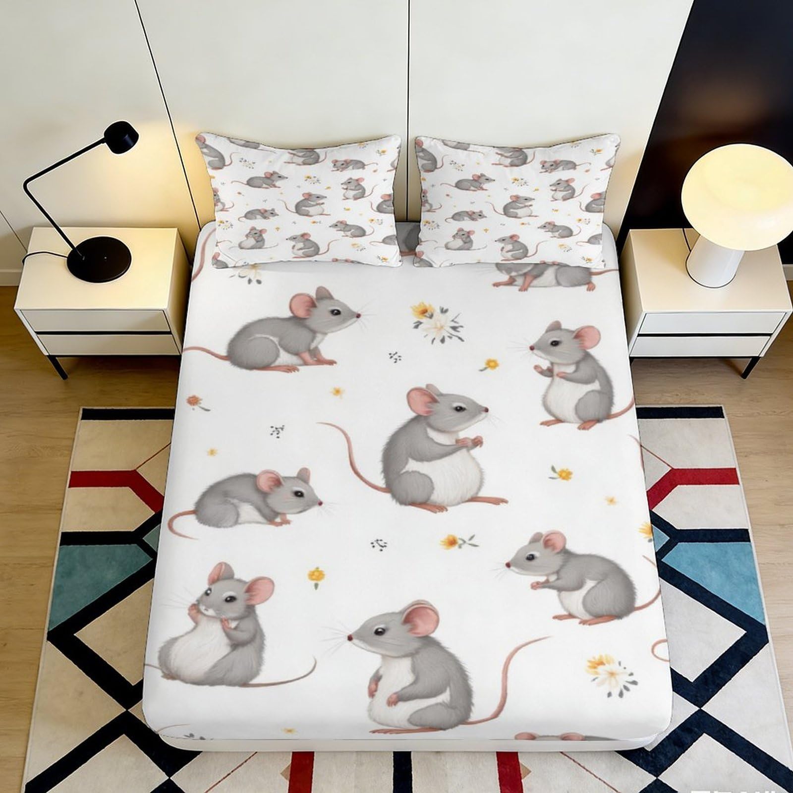 3D Printed Cartoon Mouse Fitted Sheet Microfiber Deep Pocket Non-Slip Bedroom Bedding Mouse Design Mattress Fitted Cover Full Wrap Washable 180x200x25cm