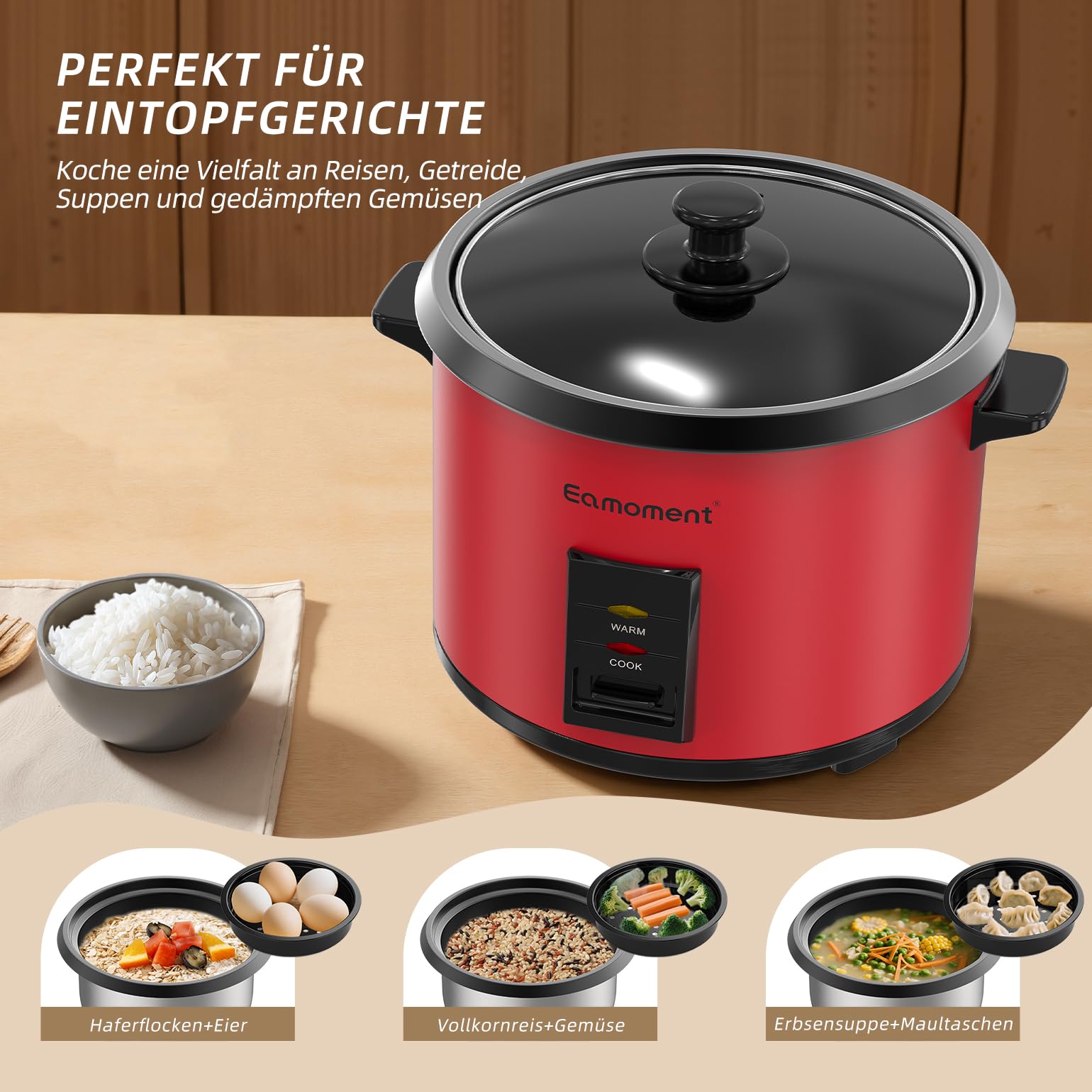 1.8L Arrocera y vaporizador negro, 700 W, funciones para cocinar arroz para 1 – 10 personas, olla extraíble antiadherente, vaso medidor y cuchara de arroz, rojo