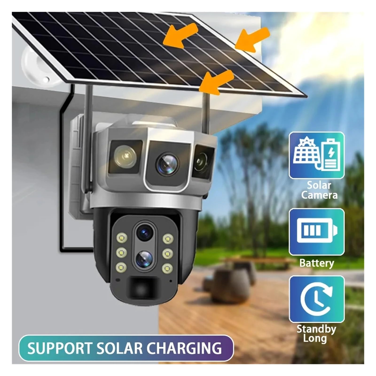Cámara 4G de 3 Lentes, 12 MP, Tarjeta SIM 4G, cámara CCTV Solar, PTZ, Zoom 10X, for Exteriores, 3 Pantallas, batería, Seguridad, IP 4G, V380 Pro(4G Camera No Card)