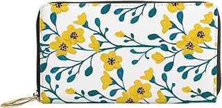 Carteiras femininas de couro genuíno flores amarelas ramos verdes porta-cartão de crédito estojo com zíper organizador de embreagem de couro feminino bolsa longa de viagem, Flores amarelas e ramos verdes, 7x4.3x0.8 Inches