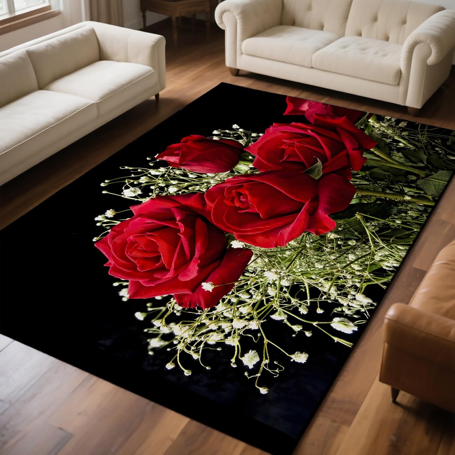 Area Rugs 5x7 Feet Modern Floral Washable Rug Low Pile Non-Slip Rug Red Rose Design Soft Carpet for Bedroom? Living Room Floor Mat Red Rose 5x7 7' x 5' (Rectangular)