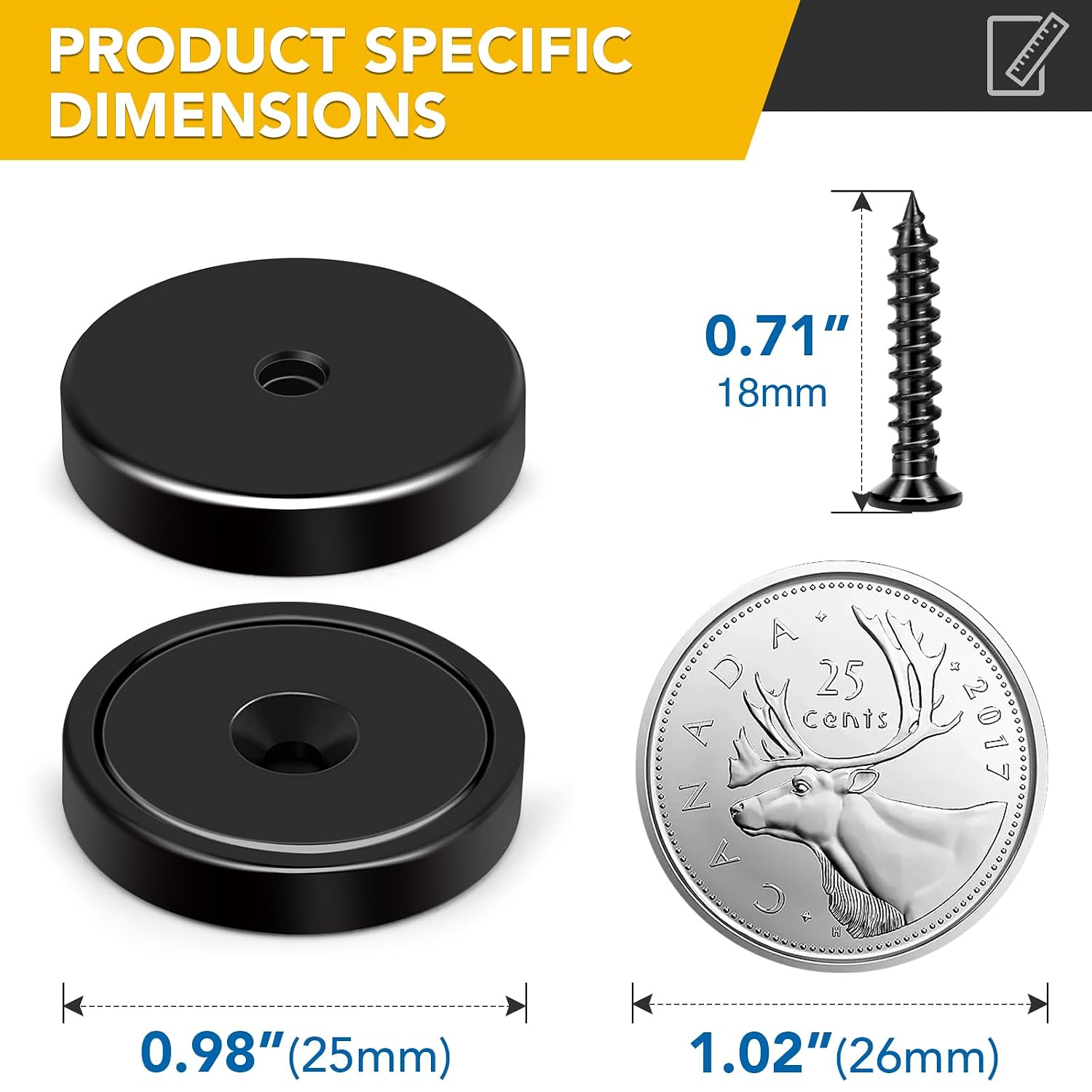 E BAVITE Strong Magnets, 60 lb+ Rare Earth Magnets with Heavy Duty, Cup Magnet with Countersunk Hole and Stainless Screws for Kitchen, Craft, Office，25Pack（Black）