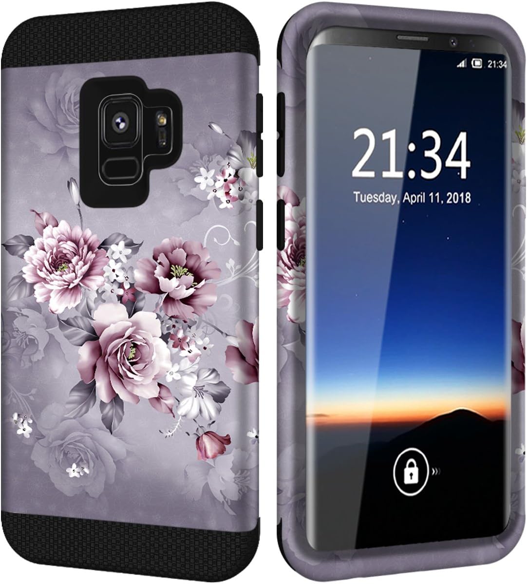 Hocase Galaxy S9 Case, Sturdy 3-Piece Heavy Duty Shockproof Protection Hard Armor Cover Rubbery Protective Case w/Unique Flower Pattern Design for Samsung Galaxy S9 2018 - Light Purple Flowers