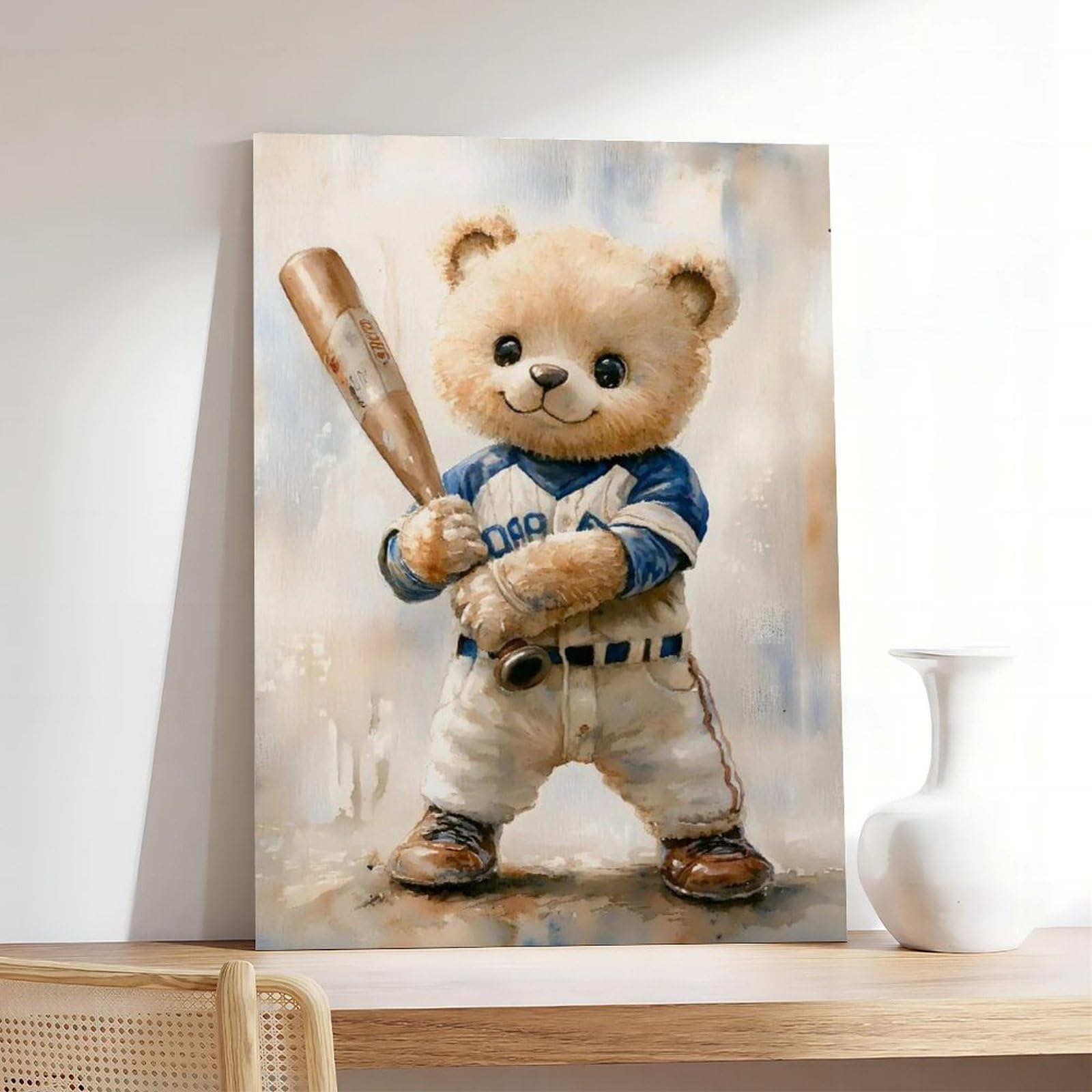 Leinwandposter mit Teddybär-Baseballspieler, Schlafzimmerdekoration, Landschaft, Büro, Raumdekoration, Geschenk, 61 x 91,4 cm (L x B)