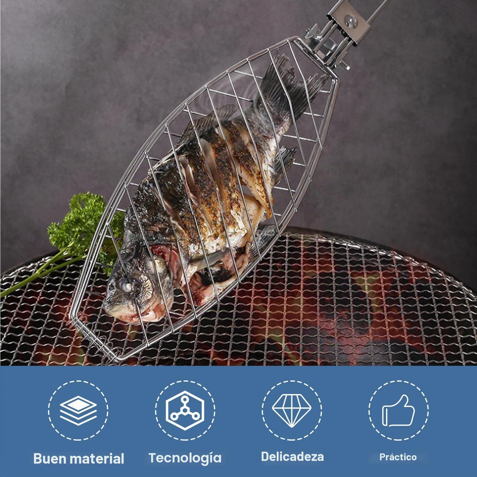 3 soportes para barbacoa de pescado con mango de madera, 63 x 12 cm, asador de pescado grande con mango de metal, pinzas para barbacoa y barbacoa