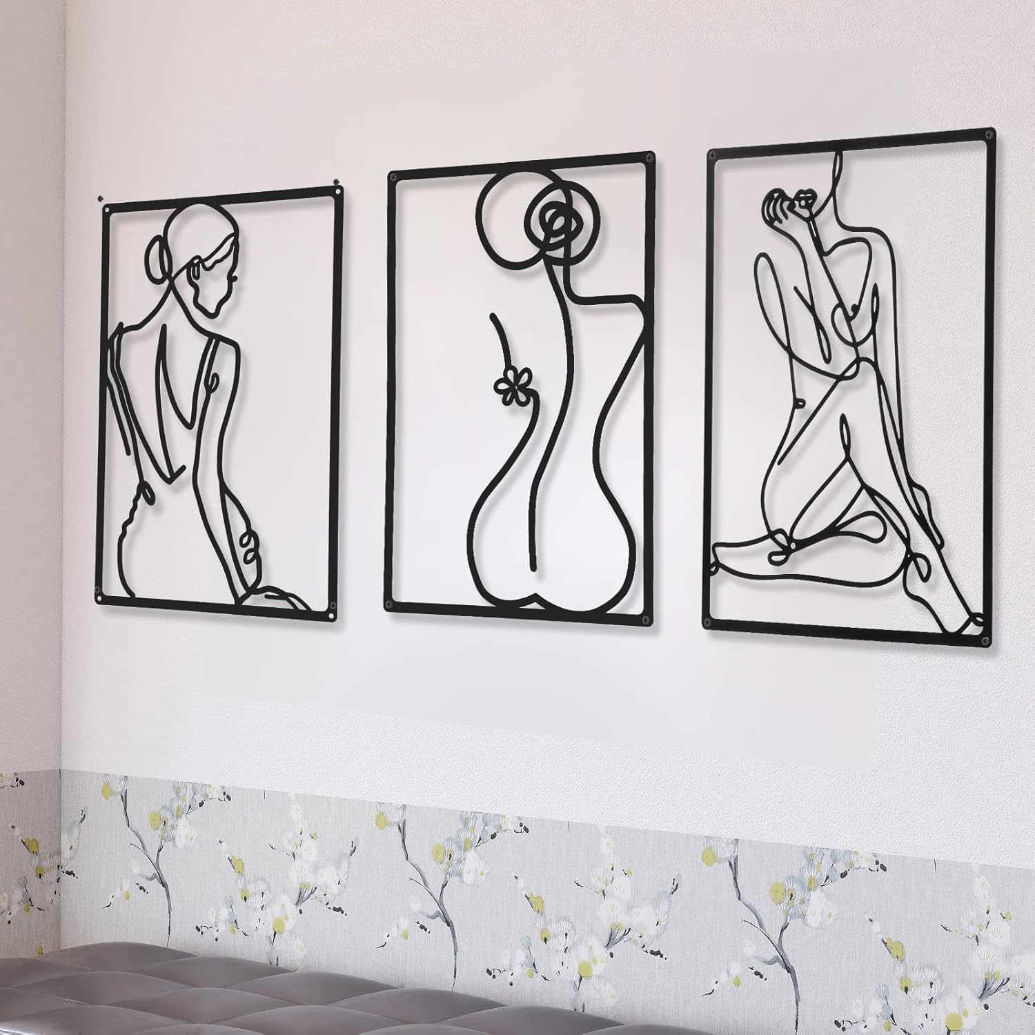 CHENGU 3 Pieces Metal Minimalist Abstract Woman Wall Art Line Drawing Wall Art Decor Single Line Female Home Hanging Wall Art Decor for Kitchen Bathroom Living Room (Black, Elegant Style)