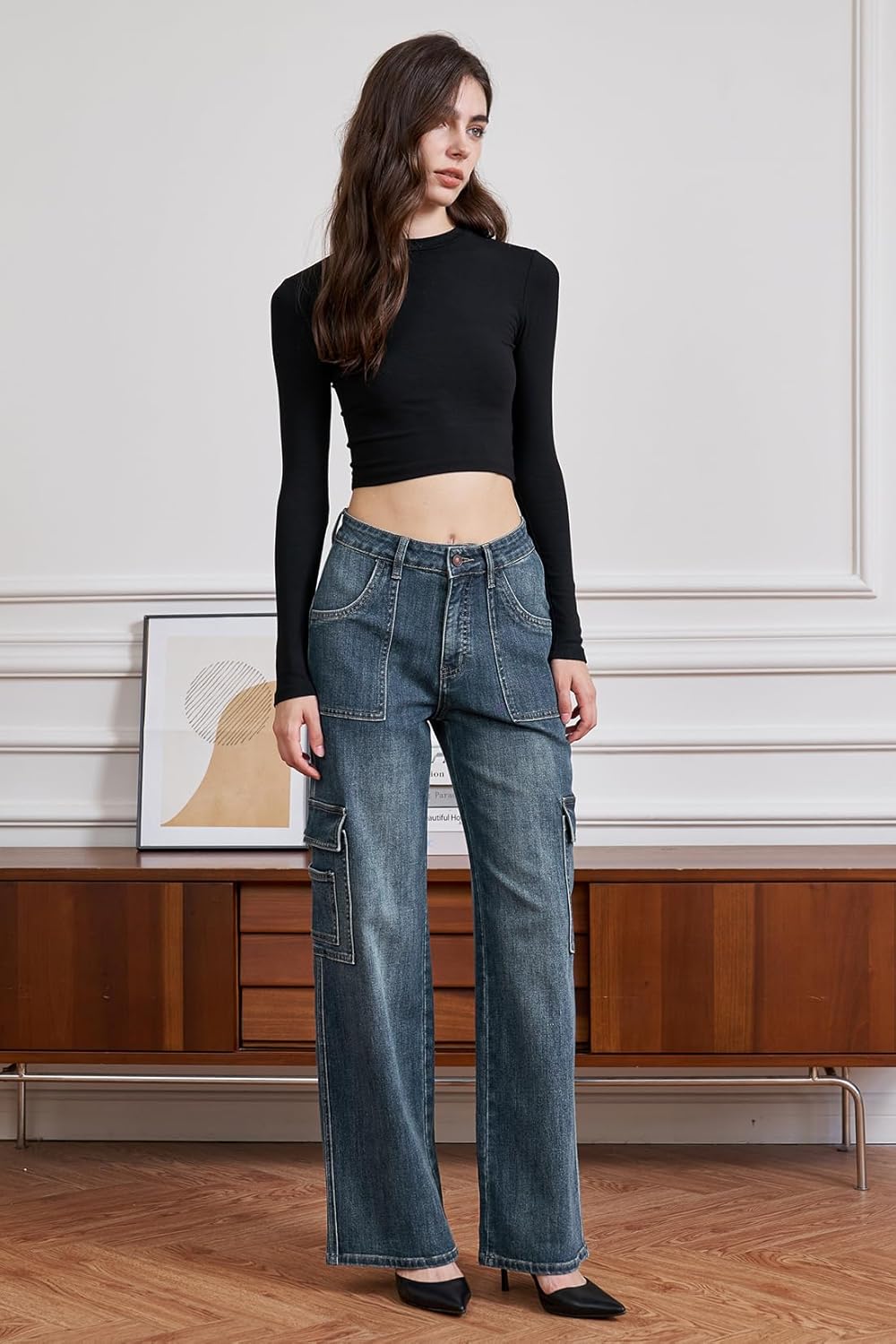 Menbnual Women's Cargo-Inspired Patch Pockets Jeans Long High Waisted 6 Pockets Straight Wide Leg Washed Denim - Image 4