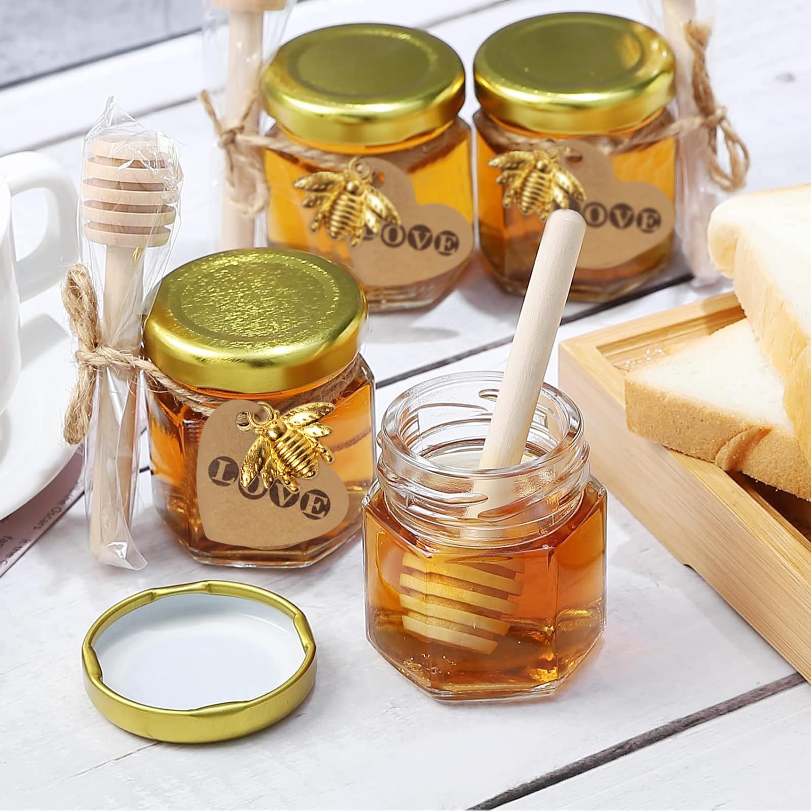 30 pièces de Pots à Miel Verre,Mini Pots À Miel En Verre Hexagonaux de 45 ml avec couvercle à vis,pot miel en verre hexagonal,couvercles dorés,pendentifs abeilles,sacs en gaze