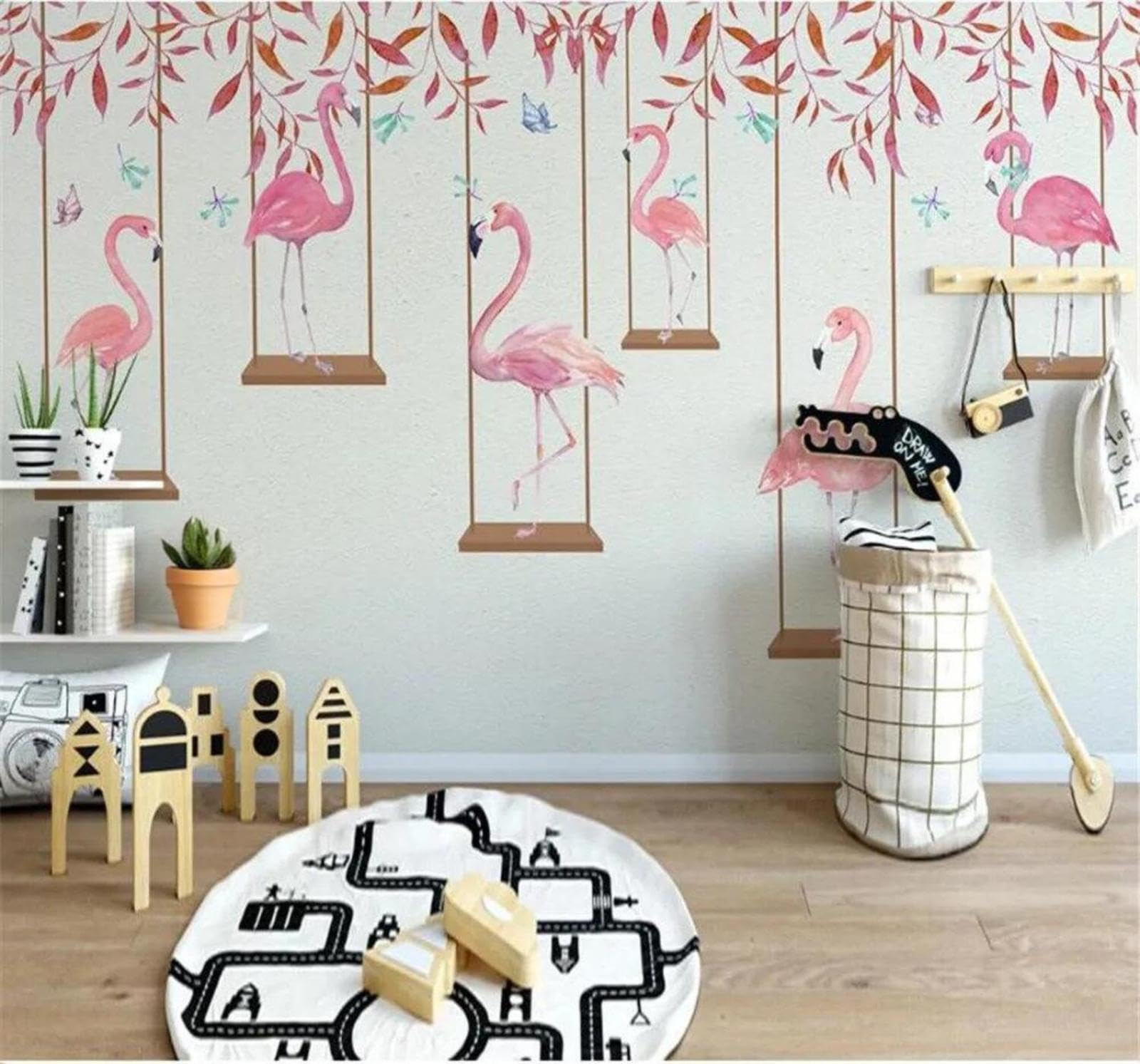Xlming 350Cm×256Cm(B×H) Minimalist Cartoon Flamingo Leaves Unique 3D Wallpaper Silky Texture Home Study Office Grey Dining Room Sofa Bedroom Living Room Tv Backdrop-350Cm×256Cm