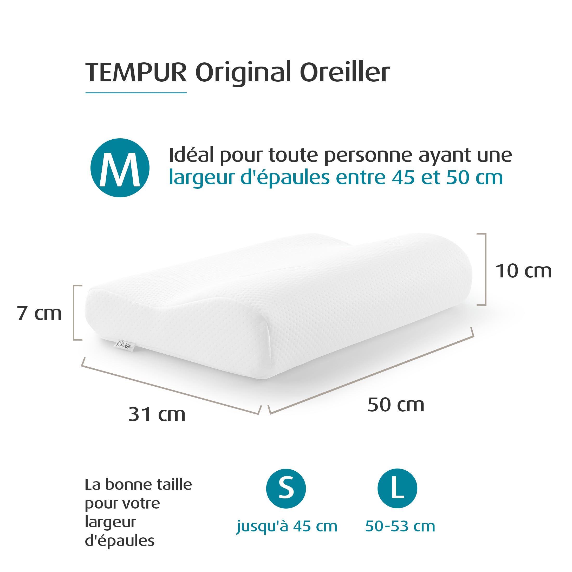 TEMPUR Oreiller Original en mousse à mémoire de forme, oreiller de soutien cervical ergonomique pour dormeurs sur le côté et sur le dos, fermeté : ferme, M (50 x 31 x 10/7 cm), Blanc