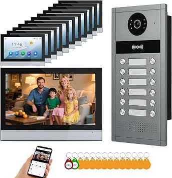 Wired Video Apartment Intercom System,6/12/18/24 Units 7 Inch Monitor 1080P Doorbell Intelligent Doorphone Kit with Motion Detection,Anti-Tamper Alarm,3 in 1 Unlock for Flat House,Tuya 12 Monitor