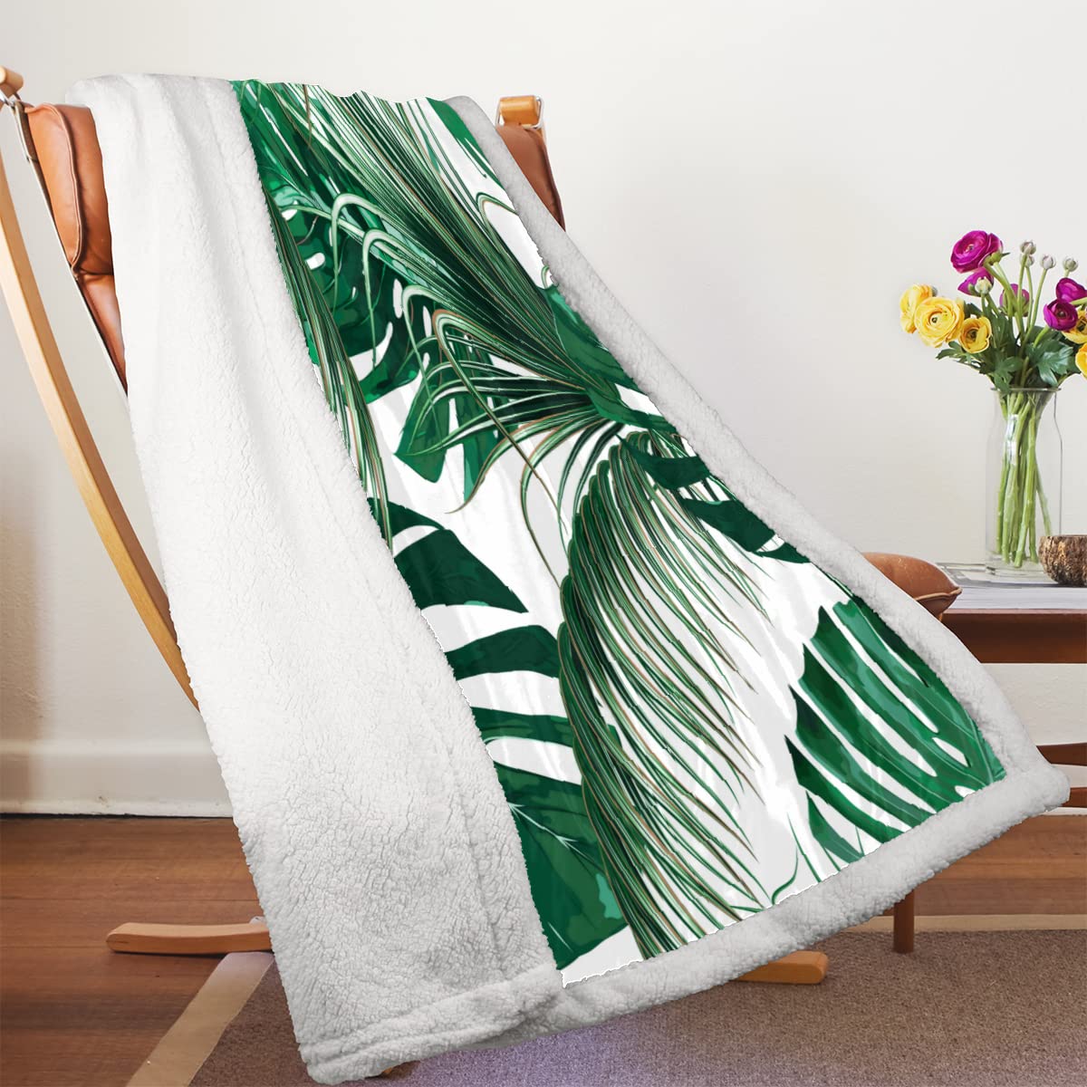 Coperta Sherpa con stampa di palme, motivo geometrico colorato, coperta in pile con foglie di palma nera, per divano, divano, decorazione per la stanza tropicale hawaiana, calda, 221 x 238,8 cm