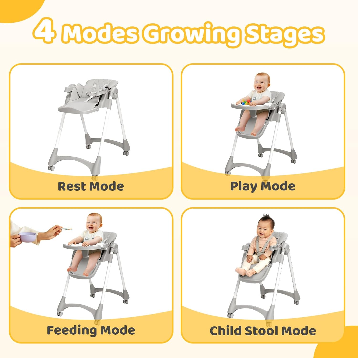 JOYMOR Foldable Baby High Chair, 4 in 1 Convertible Highchair for Eating, Height Adjustble and Multiple Recline, Compact Foldable Design for Easy Storage (Gray)