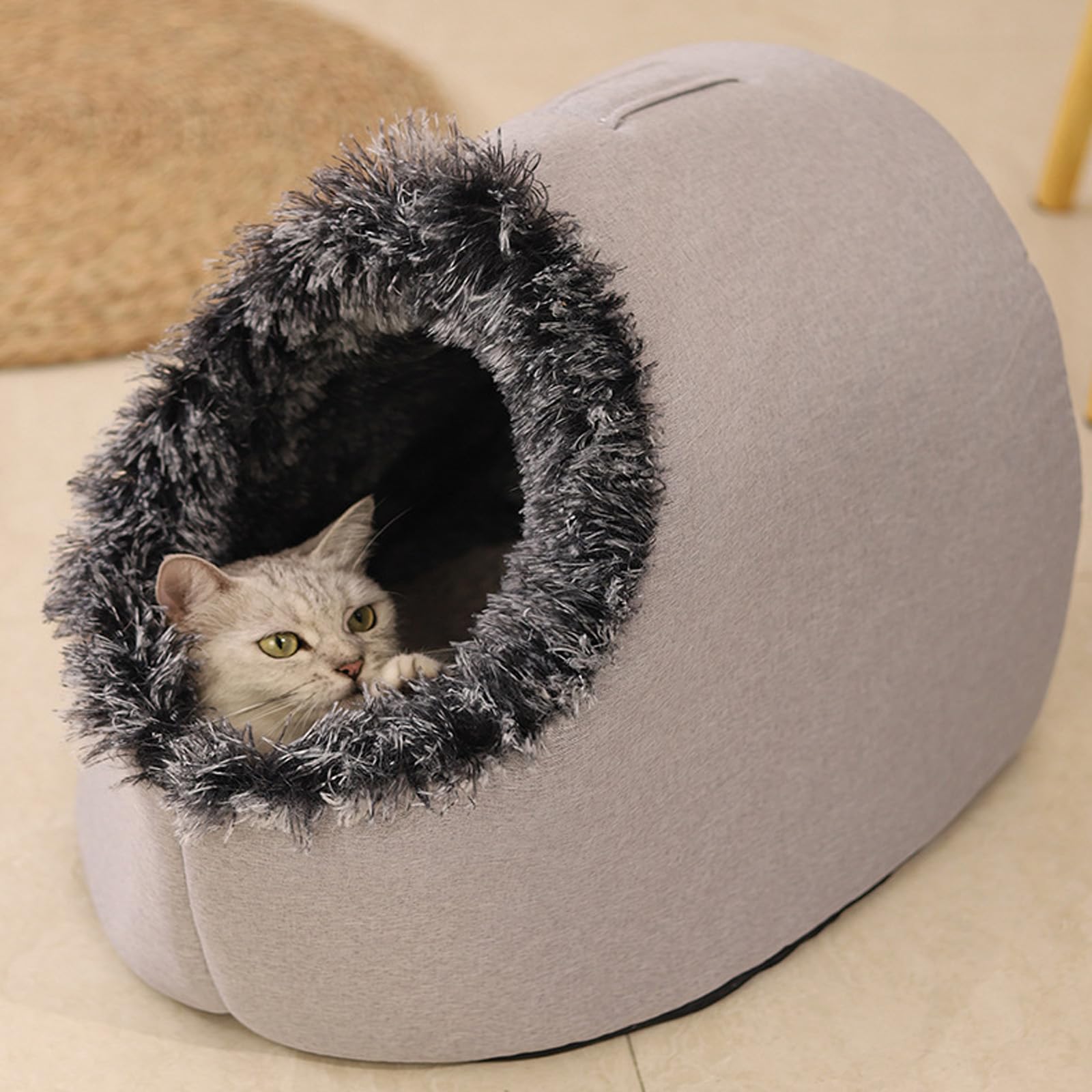 Enclosed Cozy Winter Pet Cave Bed, Warm Cat Bed Igloo with Removable Washable Cushion, Enclosed Cat Cave for Indoor Cats for Comfort & secure, private (GREY,M(40 * 33))