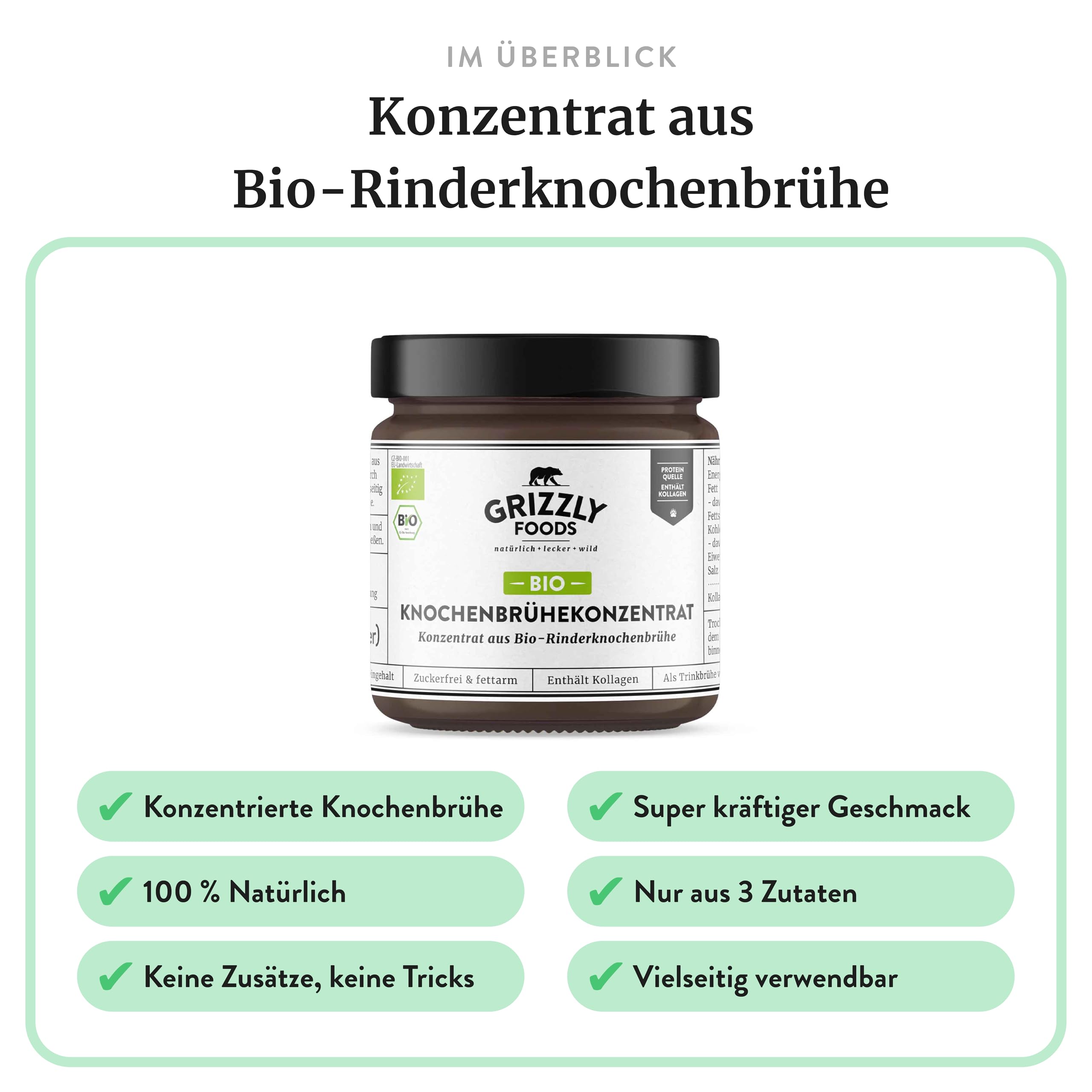 Grizzly Foods Bio Knochenbrühe Konzentrat vom Rind 220g 88g Kollagen proteinreich Trinkbrühe Kochbasis