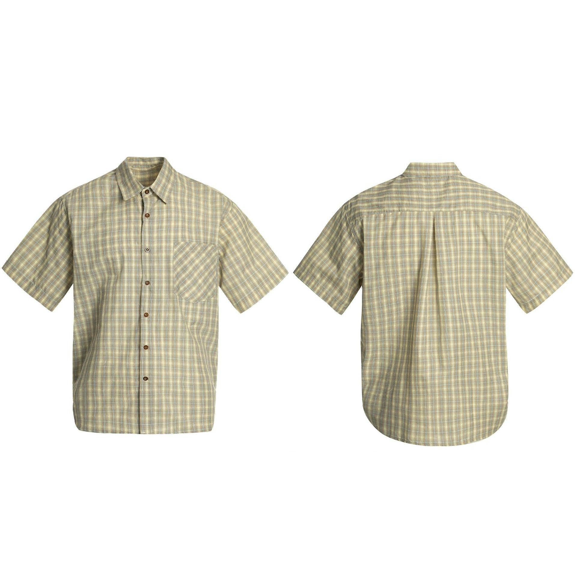 Camisa de manga corta para hombre, estilo americano, holgada, versátil, cuello alto, tejida, a cuadros, para hombre