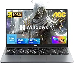 AOC Laptop de 39.6 cm Full HD IPS Display com processador N95, laptops de trabalho 16 GB RAM 512 GB SSD Windows 11 Laptop Business Computer leve e fino, capa de metal, webcam, tipo C, USB 3.2