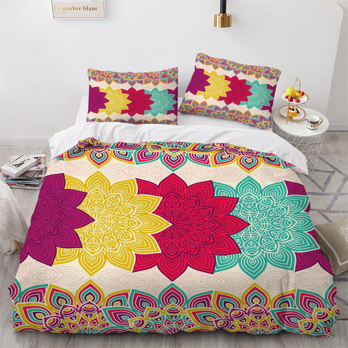 Housse de Couette Boho 240x260 Parure de Lit 3 Pièces Microfibre Douce