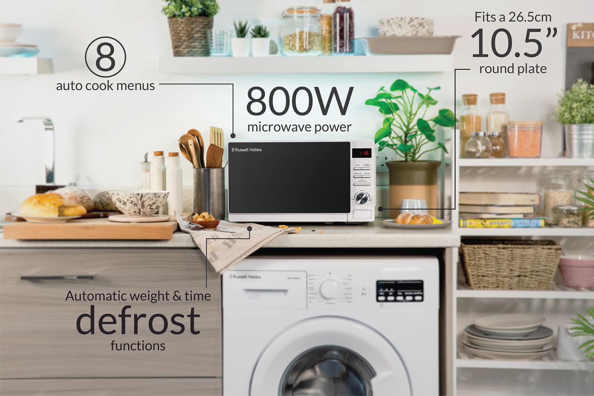 Russell Hobbs RHM2079A Digitale Solo-Mikrowelle 20 L 800 W 5 Leistungsstufen automatisches Auftauen 8 Kochmenüs Uhr Timer Weiß