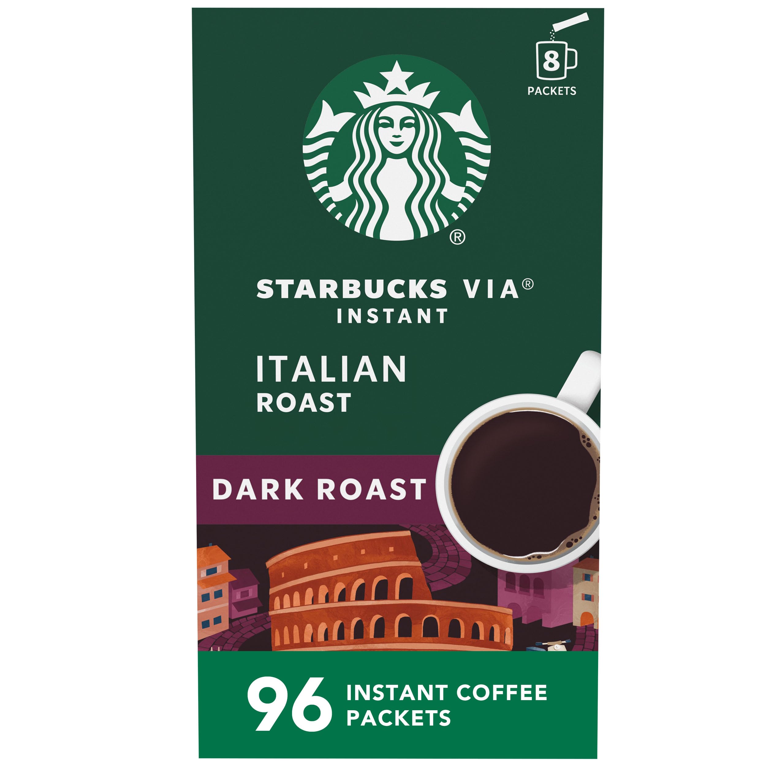 Starbucks VIA Instant Coffee, Dark Roast Coffee, Italian Roast, 100% Arabica, 12 boxes (96 packets total)