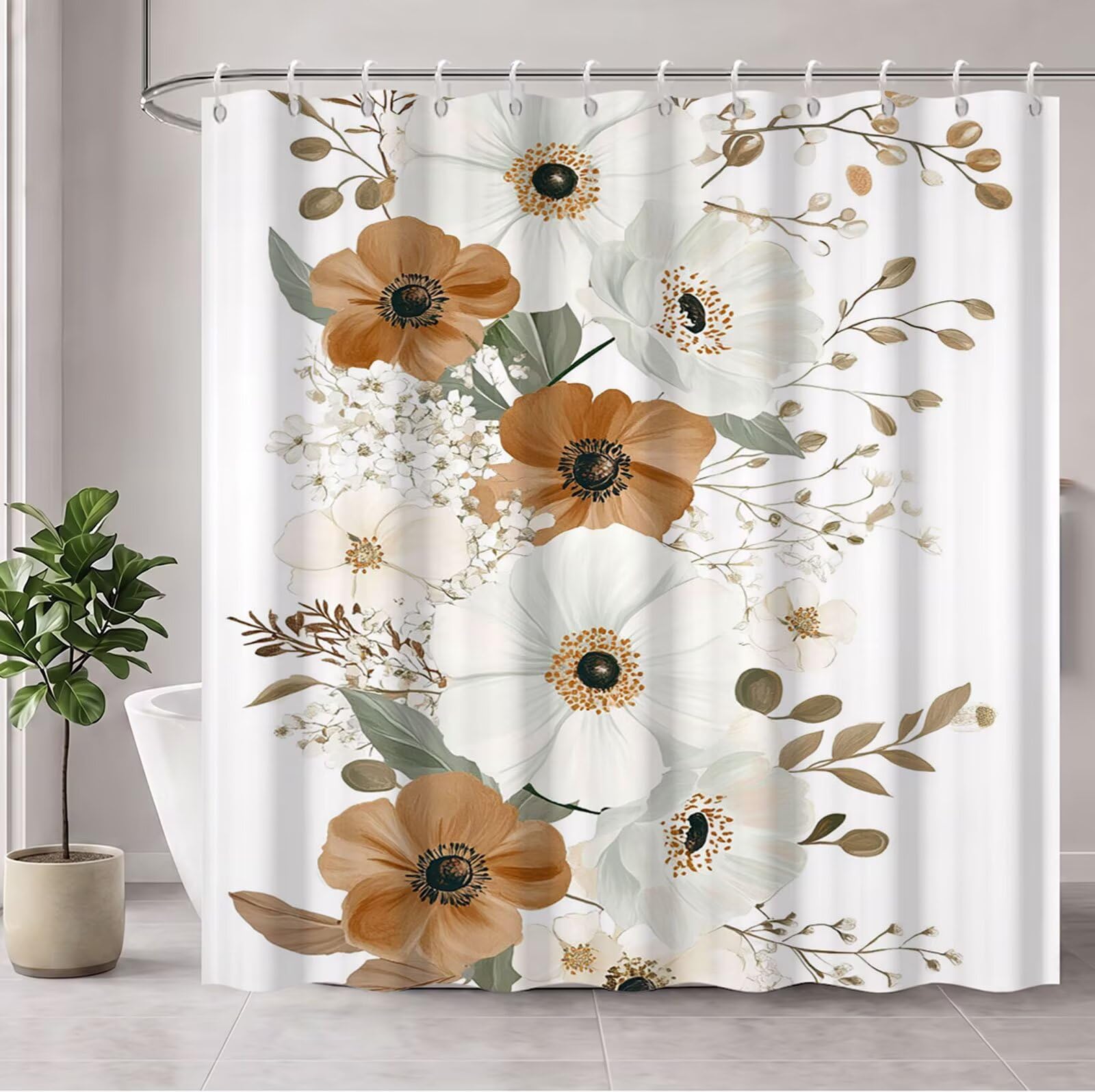 Cortina de Ducha Blanco Cortina Ducha, Antimoho, Tela Impermeable Poliéster, Shower Curtain 220x200 cm con 12 Ganchos y Dobladillo Ponderado, Shower Curtain Lavable para Baño o Bañera, Flor 3Y#169