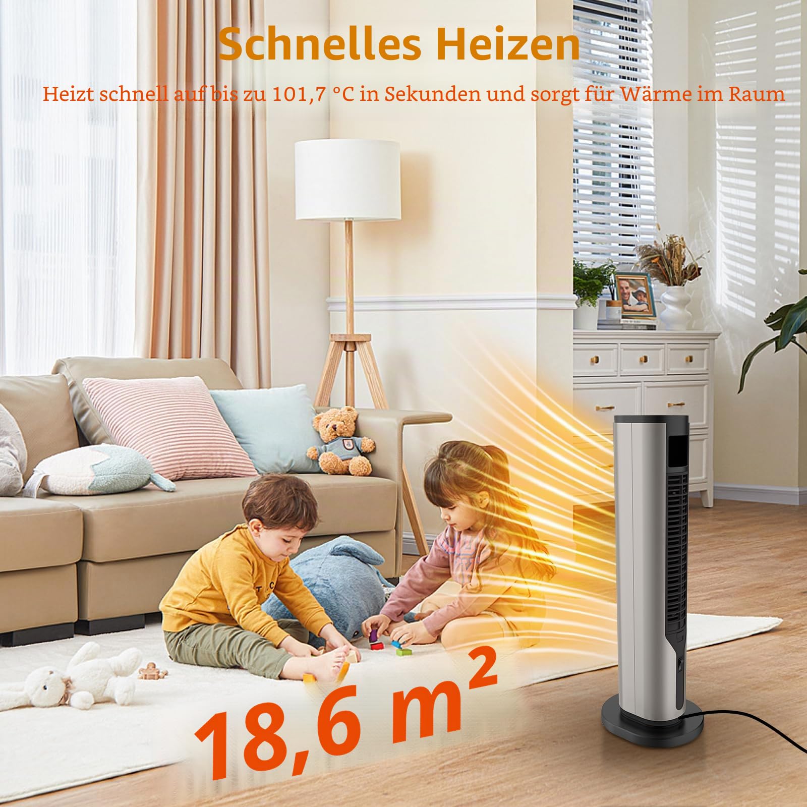 Heizlüfter Energiesparend,Niedriger Energieverbrauch 2000 W,Leiser Keramik-Heizkörper von 60 cm, Überhitzungs- und Kippschutz, 70°-Oszillation, 3 Modi, 12-Stunden-Timer