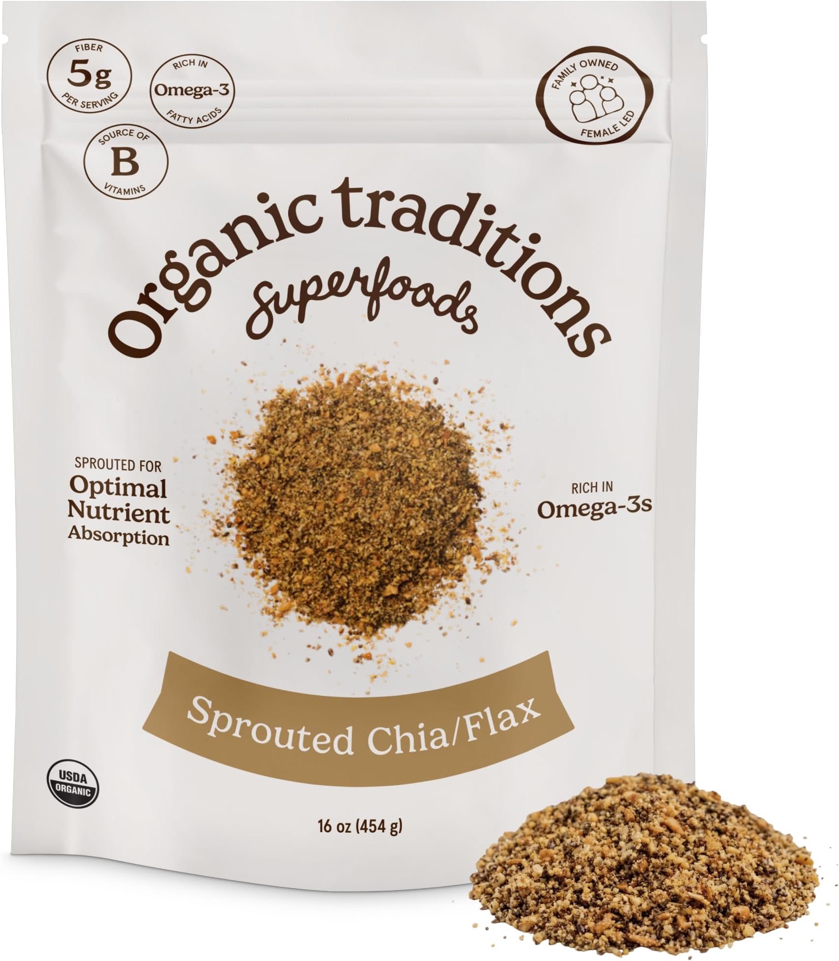 - Organic Traditions Sprouted Chia and Flax Seed Powder Blend, Non GMO, 16oz | Plant Based, High Fiber Omega 3 Superfood Blend, Great for Smoothies, Baking, Oatmeal, and Egg Substitute Pantry Recipes