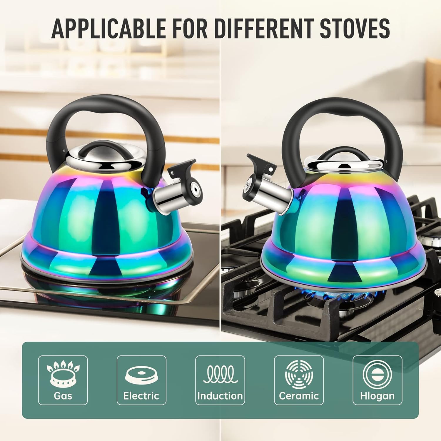 Bouilloire à Thé Sifflante En Acier Inoxydable 316 - Capacité 3,7 L - Compatible Induction - Finition Miroir Arc-en-ciel - Poignée Pliable Froide