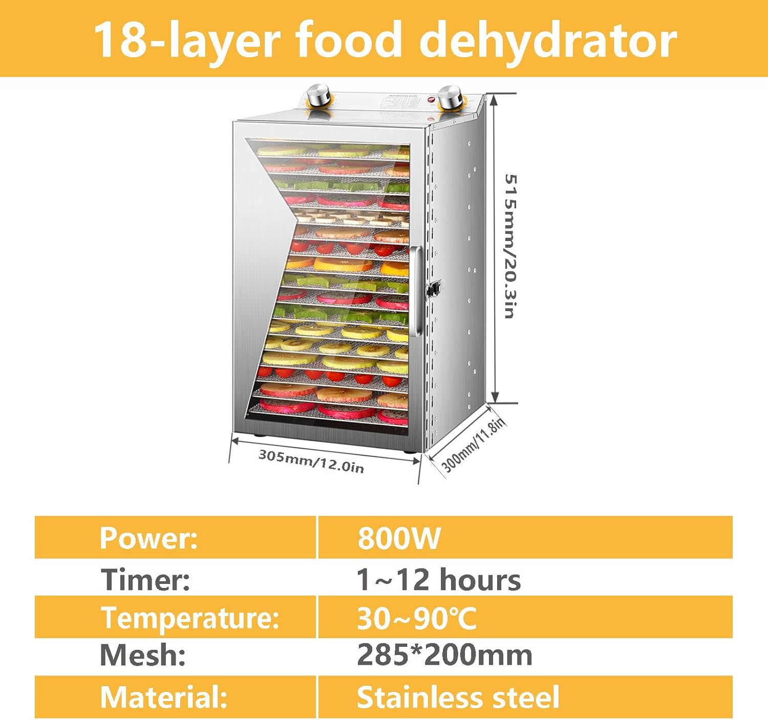 Commercial Freeze Dryer Electric Food Dehydrator with 12h temperature Control Stainless Steel Fruit Dryer for Jerky Beef Herb Vegetables Dog Treats 18-layer