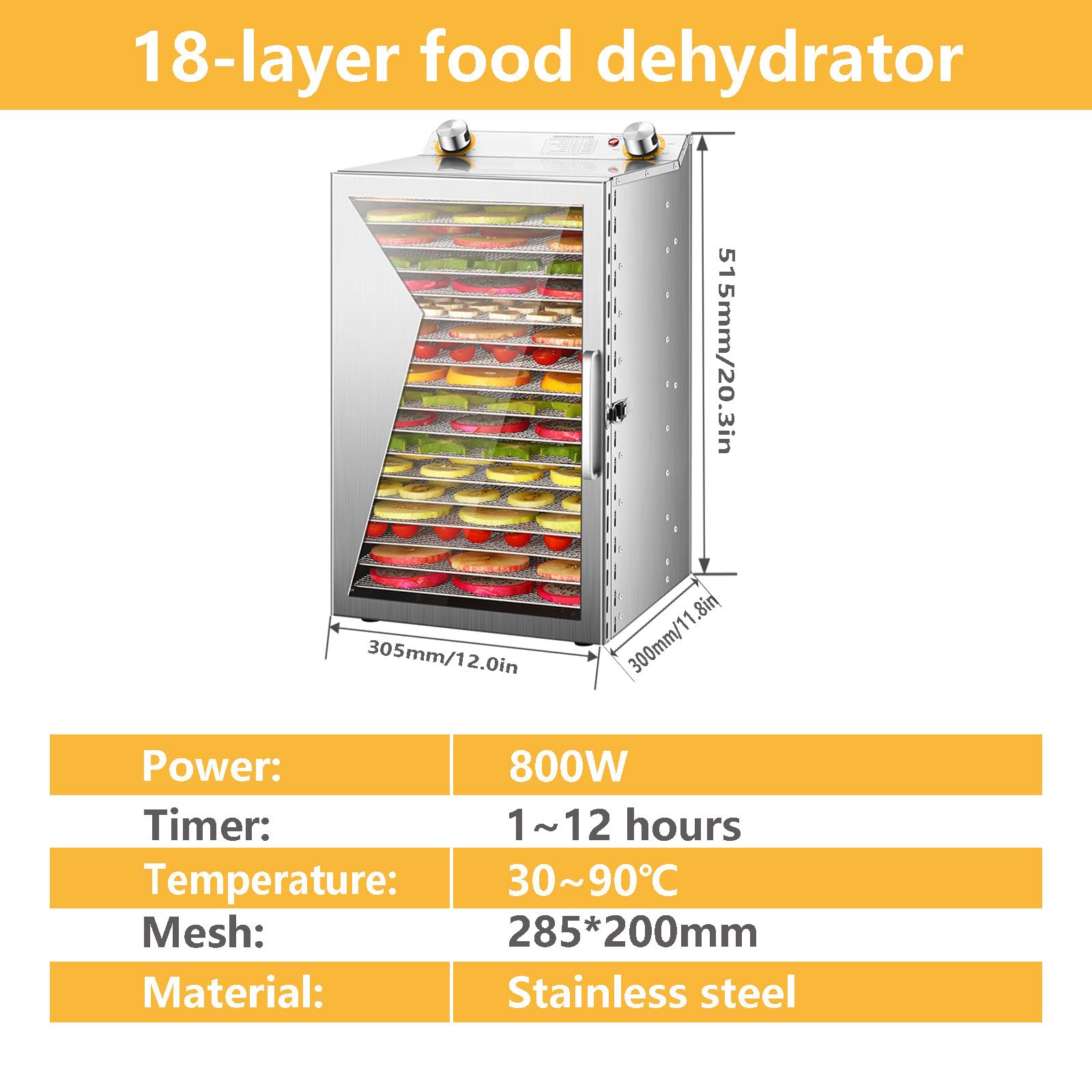 Essiccatore Alimentare, con 6-18 Griglie, per L’Essiccazione di Frutta, Verdura E Carne,Intervallo di Temperatura da 30º a 90ºc,Acciaio Inossidabile 18-Layer