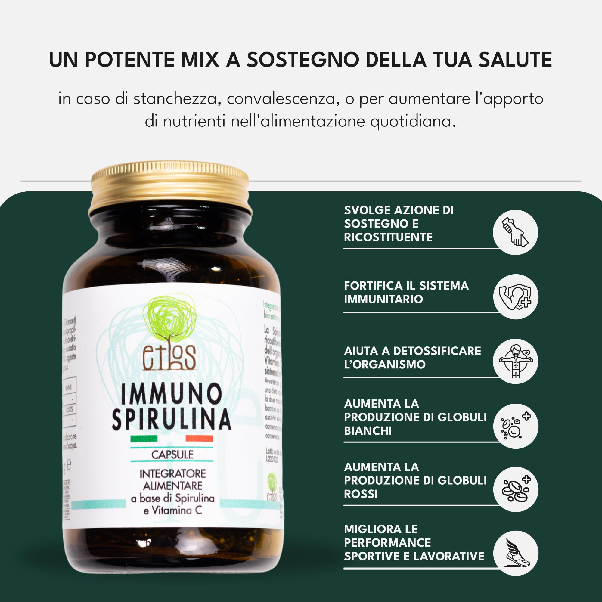 ETHOS Immuno Spirulina in Capsule - Integratore Difese immunitarie con Vitamina C e Acerola, Alga Spirulina Prodotta e Confezionata in Italia, Superfood Naturale, 100 Capsule da 750mg