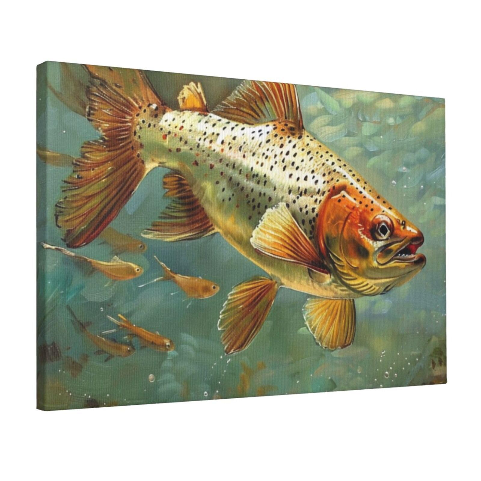 YKLJG Gold Fly Fish Printed Wall Art Canvas Prints 45x30 CM Wooden Framed Picture Painting Artwork for Bedroom Kitchen Home Office Decor