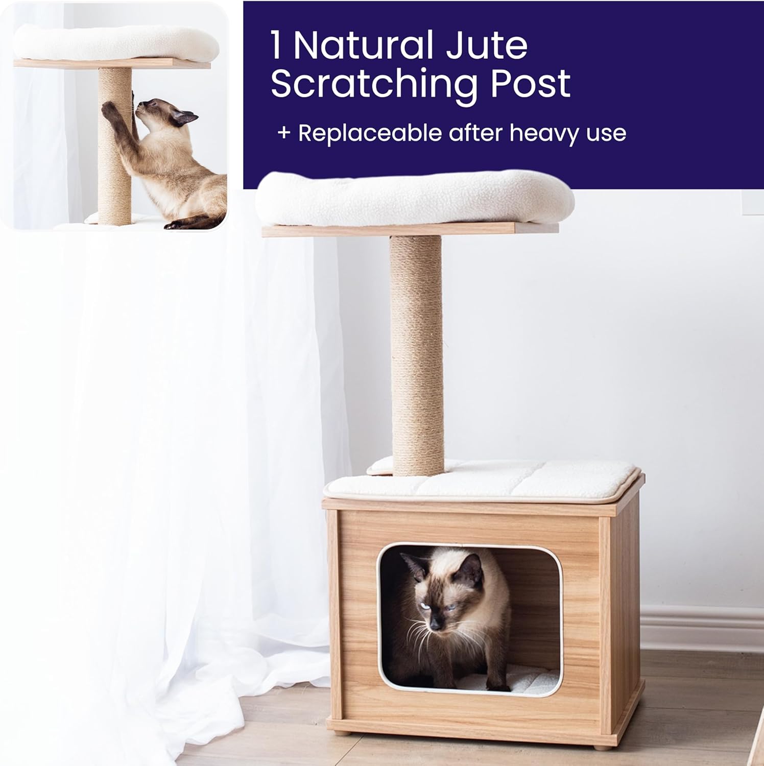 A cat resting inside the wooden condo of the cat tree, with the scratching post and top bed visible above.