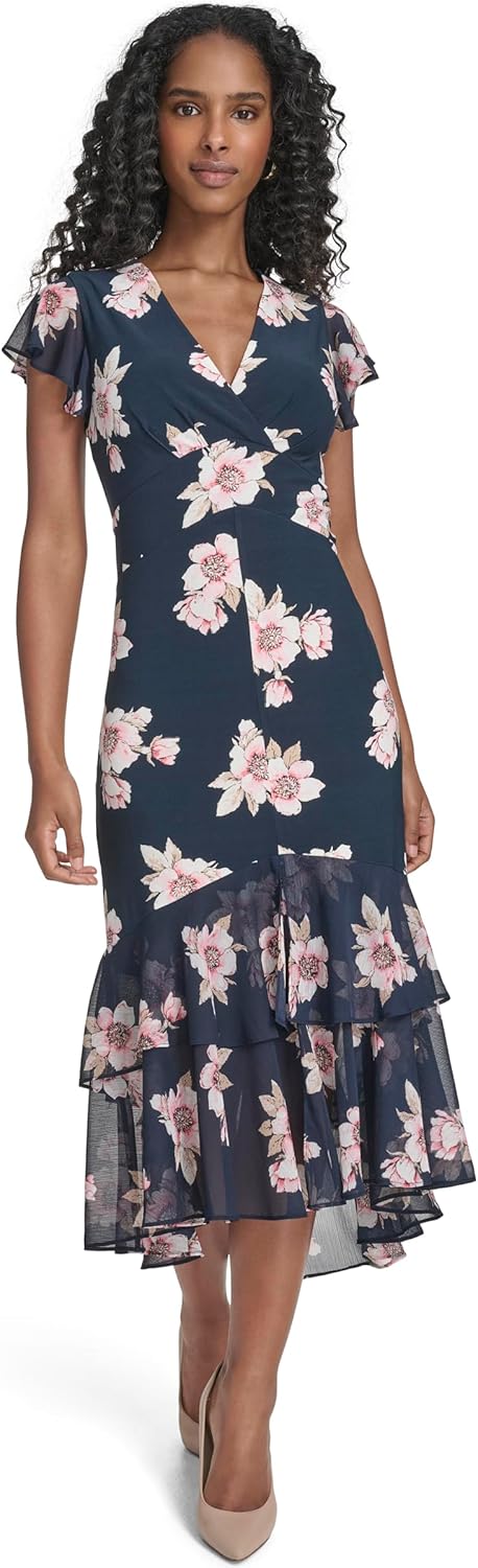 Tommy Hilfiger Womens Flutter Sleeve V-Neck Ruffle Trim Chiffon Hi Lo Dress