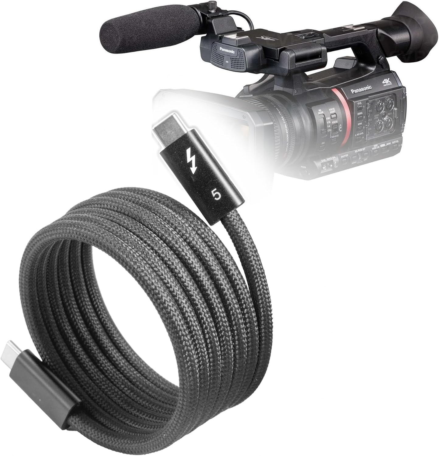 BoxWave Cable Compatible with Panasonic AG-CX370 - SnapWrap Thunderbolt 5.0 Cable (5ft 240W), Magnetic Self-Coiling Nylon Braided Retractable - Jet Black
