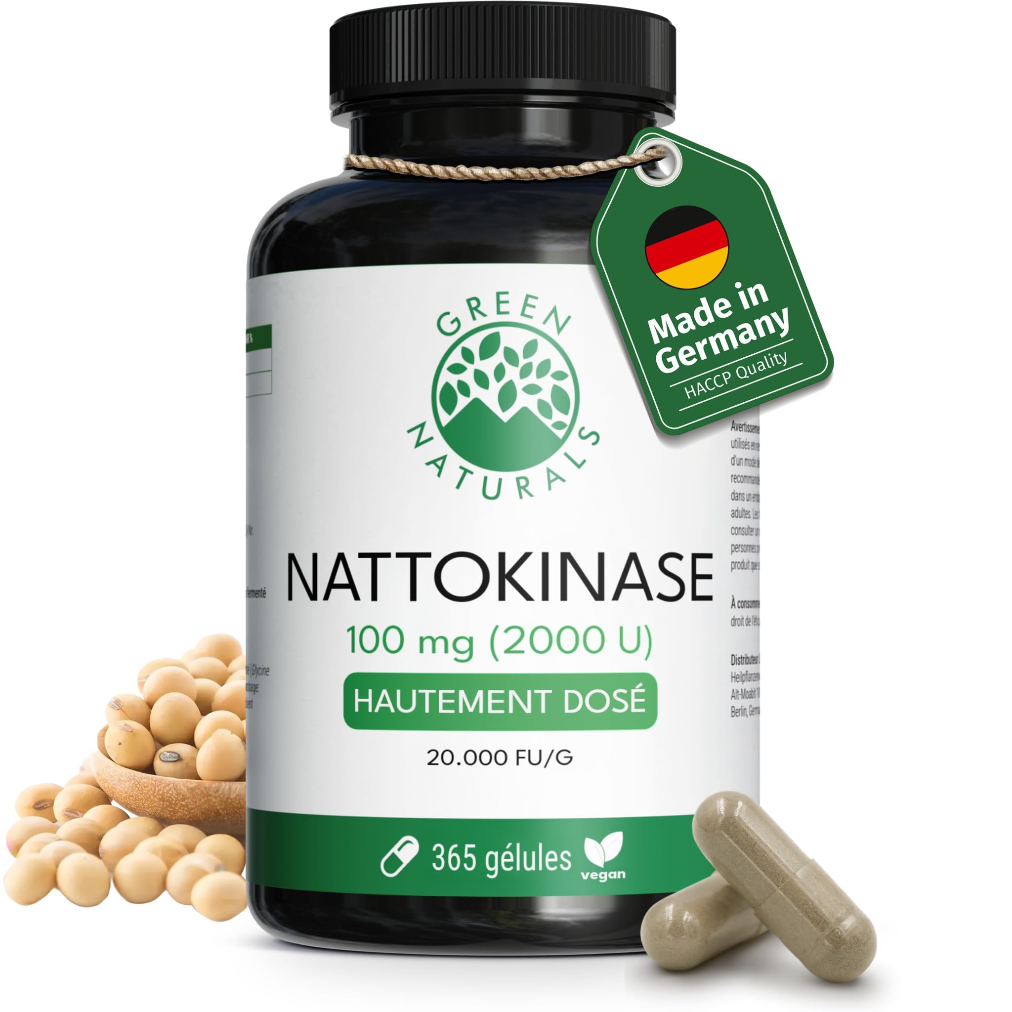 Green Naturals® Nattokinase (20 000 FU/g) – 365 gélules – Hautement dosé 100 mg avec 2 000 FU par gélule – Qualité supérieure en provenance d’Allemagne – Approvisionnement 1 an
