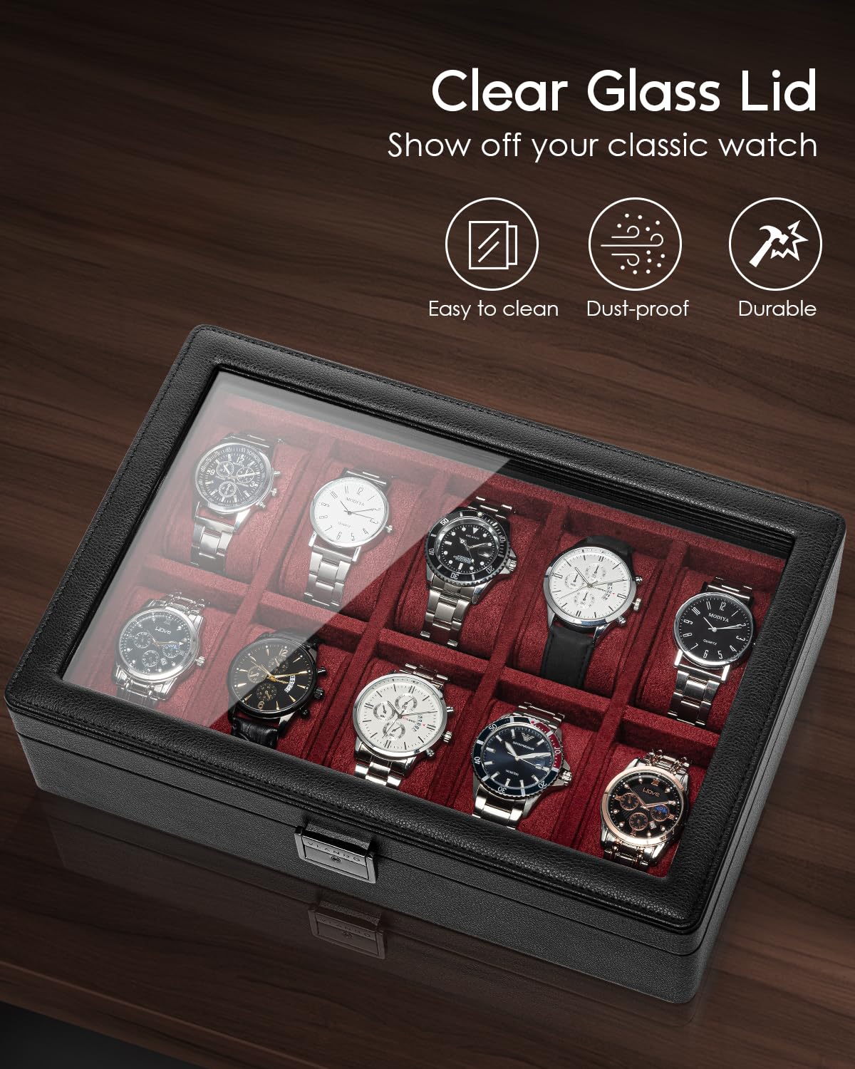 Vlando Caja de reloj de 10 ranuras para hombre, caja de reloj con tapa de cristal grande, bloqueable, cuero texturizado de negocios, almohada suave grande de 52 mm, regalo para padres, marido, amigo,