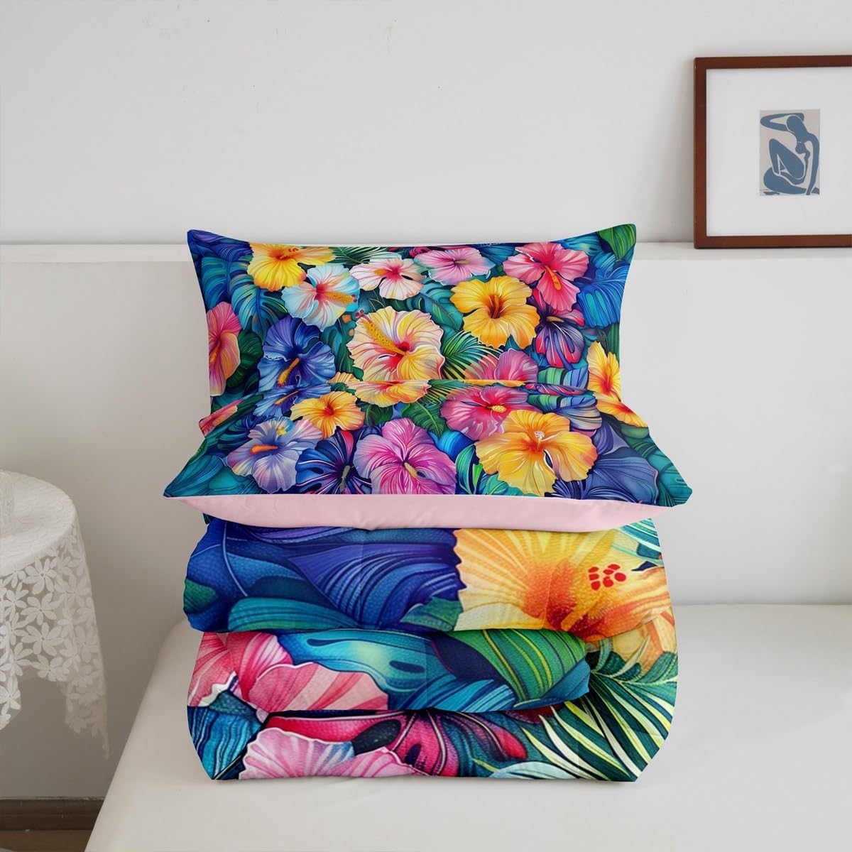 Erosebridal Hibiscus Flowers Comforter Set Tropical Plants Queen Bedding Set for Kids Boys Girls,Colorful Botanical Floral Bedding Comforter Sets Summer Hawaii Quilt Set Room Decor