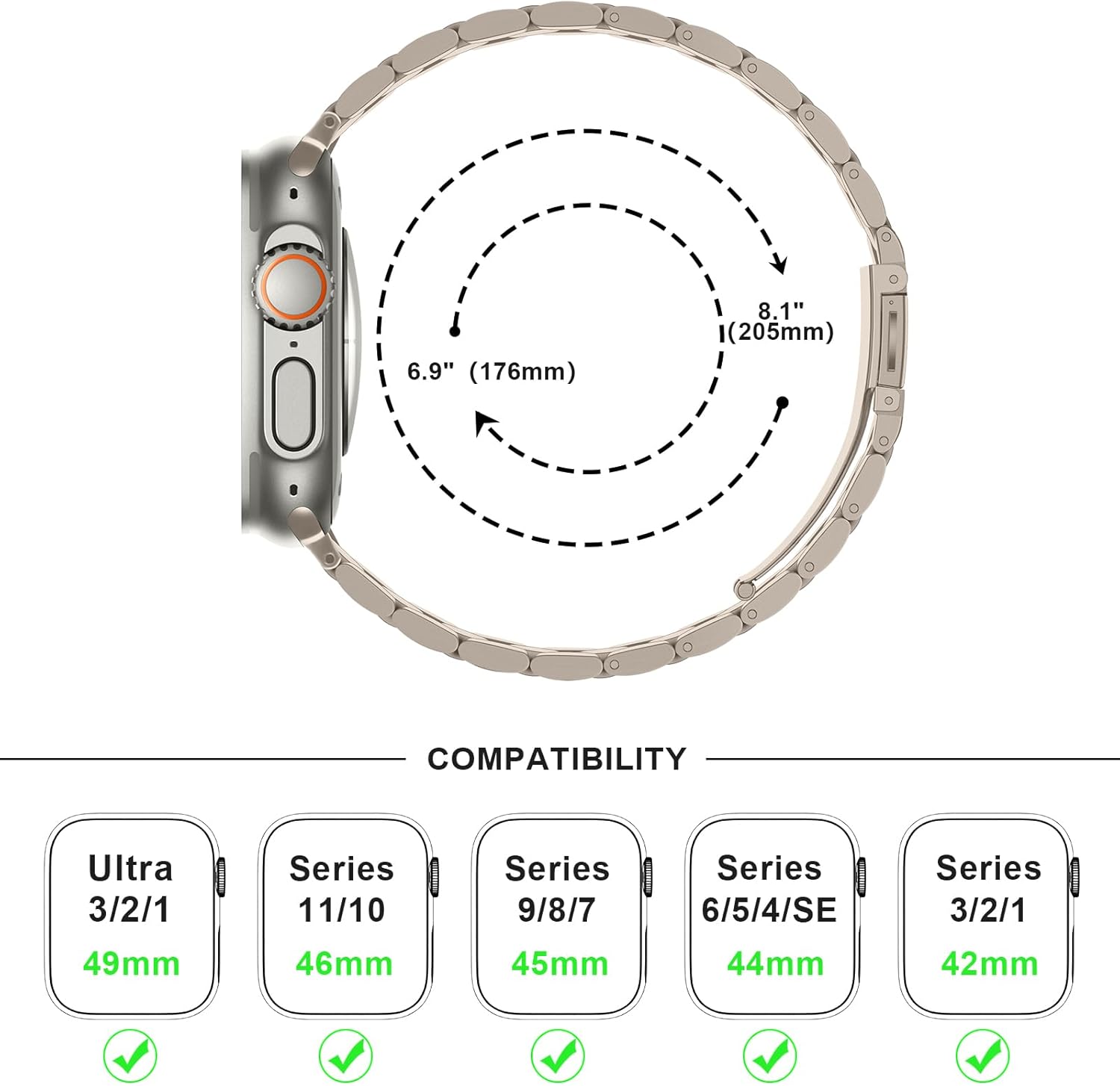 Anlinser Metal Bands Compatible with Apple Watch Band 49mm 46mm 45mm 44mm 42mm for Women Men, Stainless Steel Business Strap for iWatch Ultra 3/2/1 SE Series 11 10 9 8 7 6-1 (Starlight)